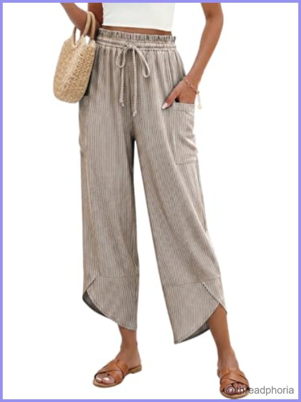 Women Linen Wide Leg Cropped Palazzo Pants Drawstring Trousers